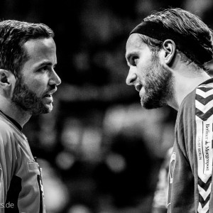 Christoph Immel und Silvio Heinevetter im Spiel Fuechse Berlin - Frisch Auf Goeppingen