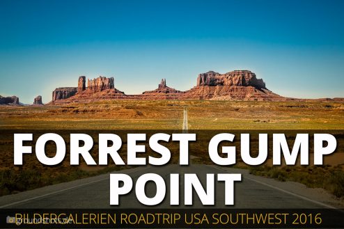 Die dreistündige Fahrt vom Monument Valley nach Moab, dem Endziel des heutigen Tages, wird unterbrochen durch zahlreiche Sehenswürdigkeiten, die mehr oder weniger an der Strecke liegen: der Forrest Gump Point, der Mexican Hat, der Gooseneck State Park, der Moki Dugway und das Natural Bridges National Monument.