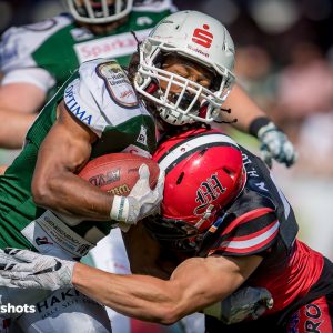 Jerome Manyema im Spiel Schwaebisch Hall Unicorns gegen Marburg Mercenaries Jerome Manyema im Spiel Schwaebisch Hall Unicorns gegen Marburg Mercenaries