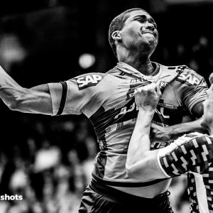 Mensah Larsen im Spiel FRISCH AUF Goeppingen – Rhein-Neckar Loewen Mensah Larsen im Spiel FRISCH AUF Goeppingen - Rhein-Neckar Loewen